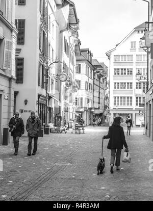 Zu Fuß die Französische Bulldogge durch die Altstadt von Luzern, Schweiz. B&W Stockfoto