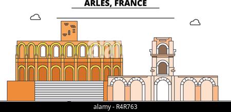 Arles, Römische und romanische Denkmäler line Reisen Sehenswürdigkeit, Skyline, vektor design. Arles, Römische und romanische Denkmäler lineare Abbildung. Stock Vektor