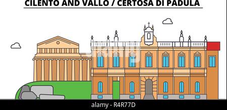 Cilento und Vallo - Certosa di Padula line Reisen Sehenswürdigkeit, Skyline, vektor design. Cilento und Vallo - Certosa di Padula lineare Abbildung. Stock Vektor