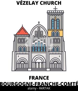 Frankreich, Bourgogne-Franche-ComtE - VEzelay, Kirche und Hügel line Reisen Sehenswürdigkeit, Skyline, vektor design. Frankreich, Bourgogne-Franche-ComtE - VEzelay, Kirche und Hügel lineare Abbildung. Stock Vektor