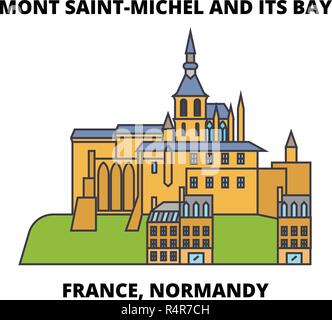 Frankreich, Normandie - Mont Saint-Michel und seine Bucht line Reisen Sehenswürdigkeit, Skyline, vektor design. Frankreich, Normandie - Mont Saint-Michel und seine Bucht lineare Abbildung. Stock Vektor