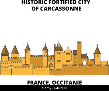 Frankreich, Royal - historische Festungsstadt Carcassonne line Reisen Sehenswürdigkeit, Skyline, vektor design. Frankreich, Royal - historische Festungsstadt Carcassonne lineare Abbildung. Stock Vektor