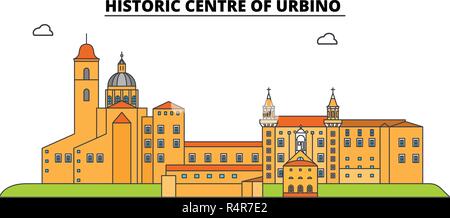 Das historische Zentrum von Urbino line Reisen Sehenswürdigkeit, Skyline, vektor design. Das historische Zentrum von Urbino lineare Abbildung. Stock Vektor