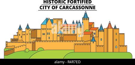 Historische Festung - Stadt von Carcassonne line Reisen Sehenswürdigkeit, Skyline, vektor design. Historische Festung - Stadt von Carcassonne lineare Abbildung. Stock Vektor