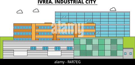 Ivrea. Industrial City Line reisen Sehenswürdigkeit, Skyline, vektor design. Ivrea. Industrielle Stadt lineare Abbildung. Stock Vektor