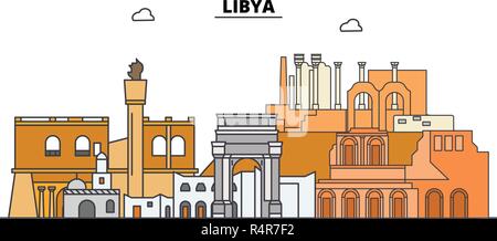 Libyen Linie skyline Vector Illustration. Libyen lineare Stadtbild mit berühmten Wahrzeichen und Sehenswürdigkeiten der Stadt, Vector, design Landschaft. Stock Vektor