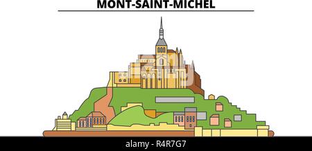 Mont-Saint-Michel und seine Bucht line Reisen Sehenswürdigkeit, Skyline, vektor design. Mont-Saint-Michel und seine Bucht lineare Abbildung. Stock Vektor