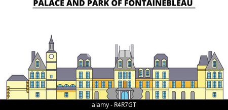 Schloss und Park von Fontainebleau line Reisen Sehenswürdigkeit, Skyline, vektor design. Schloss und Park von Fontainebleau lineare Abbildung. Stock Vektor