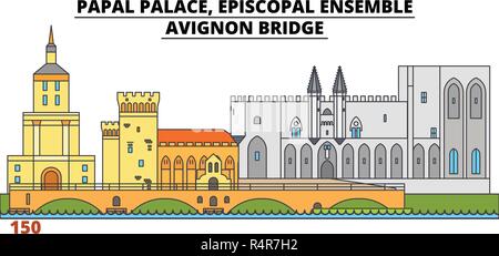 Päpstlichen Palast, die Bischöfliche Ensemble - Avignon Bridge Line reisen Sehenswürdigkeit, Skyline, vektor design. Päpstlichen Palast, die Bischöfliche Ensemble - Avignon Brücke lineare Abbildung. Stock Vektor