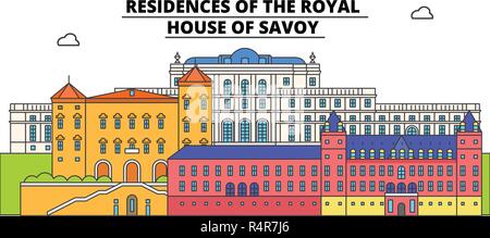 Residenzen des Hauses Savoyen Royal-line travel Wahrzeichen, Skyline, vektor design. Residenzen des königlichen Hauses Savoyen lineare Abbildung. Stock Vektor