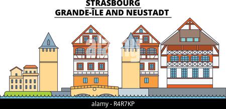 Straßburg - Grande-Ile und Neustadt line Reisen Sehenswürdigkeit, Skyline, vektor design. Straßburg - Grande-Ile und Neustadt lineare Abbildung. Stock Vektor