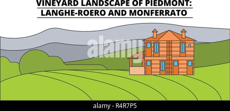 Weinberg Landschaft des Piemont - Langhe-Roero und Monferrato line Reisen Sehenswürdigkeit, Skyline, vektor design. Weinberg Landschaft des Piemont - Monferrato Langhe-Roero und lineare Abbildung. Stock Vektor