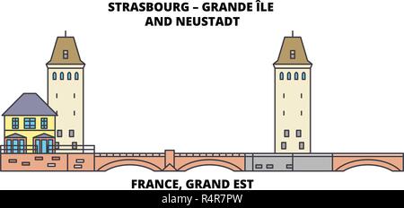 Frankreich, Grand Est - Straßburg - Grande Ile und Neustadt line Reisen Sehenswürdigkeit, Skyline vektor design. Frankreich, Grand Est - Straßburg - Grande Ile und Neustadt lineare Abbildung. Stock Vektor