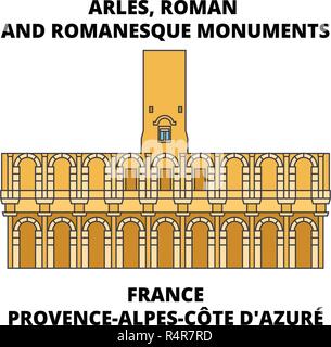 Frankreich, Provence-Alpes-Cote D'azurE - Arles, Römische und romanische Denkmäler line Reisen Sehenswürdigkeit, Skyline vektor design Stock Vektor