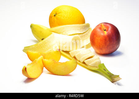 Banane, Orange und Pfirsich Stockfoto