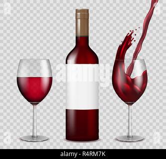 Transparente Flasche Wein und Weingläser mockup. Rotwein splash in der Flasche und Gläser isoliert. Vector Illustration. Stock Vektor