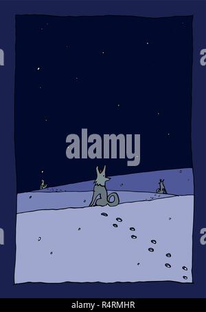 Hunde im Winter Nacht - in dunkel blau Version - es ist abstrakt Tuschezeichnung und farbenfrohen Cartoon. Stock Vektor