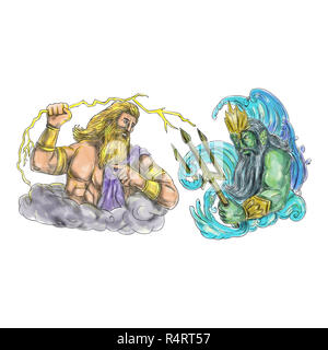 Zeus Thunderbolt Vs Poseidon Trident Tattoo Stockfoto