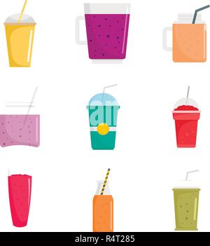 Smoothie Milchshake Fruchtsaft Symbole gesetzt. Flache Abbildung: 9 smoothie Milchshake Fruchtsaft Vector Icons isoliert auf weißem Stock Vektor