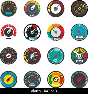 Tachometer Füllstandsanzeige Symbole gesetzt. Flache Darstellung von 16 Tachometer Füllstandsanzeige Vector Icons isoliert auf weißem Stock Vektor