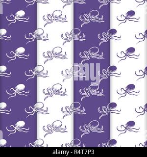 Satz 4 Vector nahtlose Muster mit Kraken. Meer Einwohner. Tiere unter Wasser. Design für die Verpackung, Stoff, marine Hintergrund drucken. Stock Vektor