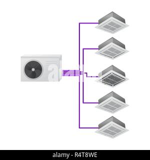 Die Klimaanlage. Multi Split. Ein Außenpool und 5 Inneneinheit. Decke Kassette. Vector Illustration. Stock Vektor
