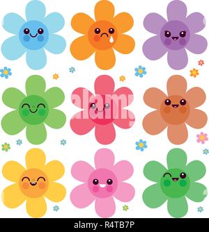 Bunte Emoji-Figuren mit Blumensymbol. Groovige Blumenkartoon. Gänseblümchenaufkleber mit lustigen lächelnden Gesichtern und Kamillenfiguren. Stock Vektor
