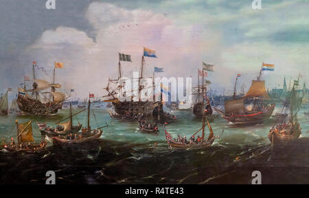 Die Rückkehr nach Amsterdam der zweiten Expedition nach Ostindien am 19. Juli 1599, Andries van Eertvelt, 1610-1620, Stockfoto
