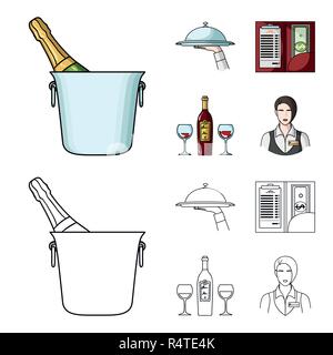 Ein Fach mit einem Tuch, Scheck und Bargeld, eine Flasche Wein und Gläser, eine Kellnerin mit ein Abzeichen. Restaurant Sammlung Icons im Cartoon, outline Style v Stock Vektor