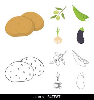 Oliven auf einen Zweig, Erbsen, Zwiebeln, Auberginen. Gemüse Sammlung Icons im Cartoon, Outline style Vektor Symbol lieferbar Abbildung. Stock Vektor