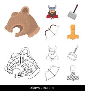 Viking in Helm mit Hörnern, Muskatblüte, Bogen und Pfeil, Schatz. Vikings set Sammlung Icons im Cartoon, Outline style Vektor Symbol lieferbar Abbildung. Stock Vektor