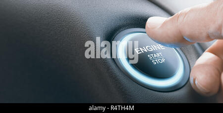 Finger, mit einem Motor START-Taste mit blauer Farbe. Das zusammengesetzte Bild zwischen einer hand Fotografie und 3D-Hintergrund. Stockfoto