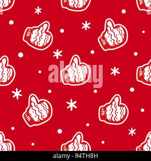 Vektor nahtlose hand Handschuhe und Schneeflocken Muster gezeichnet. Weihnachten Winter Hintergrund. Red nahtlose Muster mit Daumen hoch in Weihnachten Fäustlinge Stock Vektor