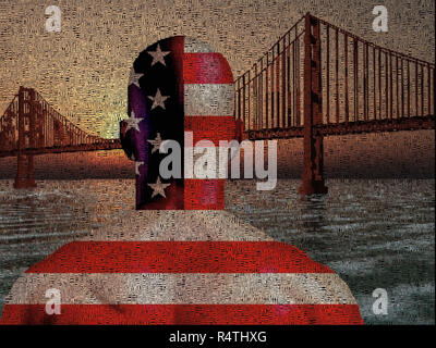 In uns Mensch nationalen Farben steht vor der Golden Gate Bridge. Bild aus Worten Stockfoto