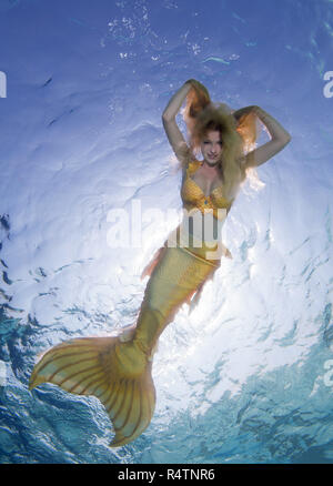 Goldenen Meerjungfrau schwimmt unter Wasser, Indischer Ozean, Malediven Stockfoto