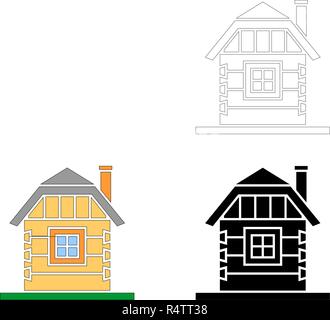 Haus im Dorf von behauenen Protokolle. Winkel Verbindungen mit quadratischen anmeldet. Vector Illustration. Schwarz, Weiß, farbige Silhouette. Stock Vektor