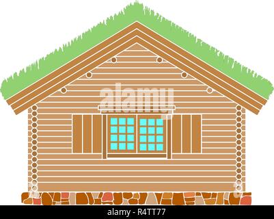 Traditionellen norwegischen Haus von Rundholz. Das Dach ist mit greensward abgedeckt. Vector Illustration. Farbe Silhouette. Stock Vektor