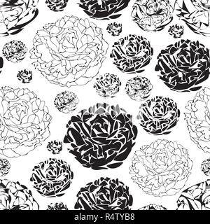 Pfingstrose Garden-Flowers in voller Blüte nahtlose Repeat Pattern Hintergrund in Schwarz und Weiß Stock Vektor