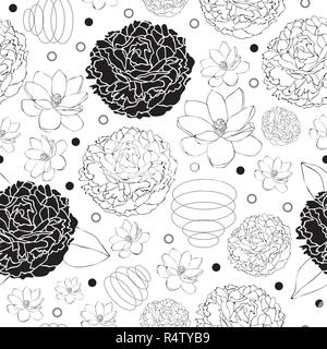 Pfingstrose und Magnolia-Flowers in voller Blüte nahtlose Repeat Pattern Hintergrund in Schwarz und Weiß Stock Vektor