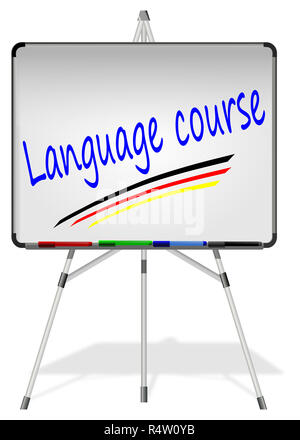 Whiteboard mit Sprachkurs - 3D-Darstellung Stockfoto