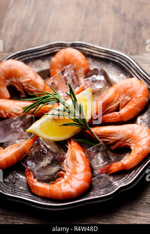 Frische Garnelen mit Rosmarin Gewürze und Zitrone auf Eis in Silber Platte. Nahaufnahme von Meeresfrüchten Zutaten. Stockfoto