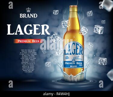 Craft-Lagerbier-Werbung mit Spritzwasser. Realistische Glas-Bierflasche mit fliegenden Eiswürfeln auf glänzendem blauem Hintergrund. Vektor-3d-Illustration Stock Vektor