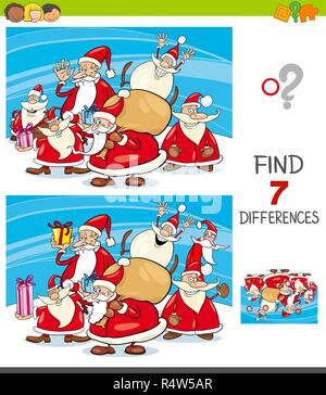 Cartoon Illustration der Unterschiede zwischen Bilder erzieherische Aufgabe für Kinder mit Santa Claus Weihnachten Zeichen Stock Vektor
