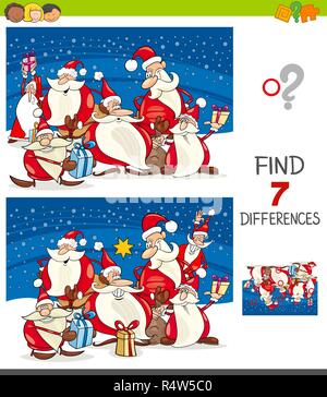 Cartoon Illustration des Findens Sieben Unterschiede zwischen Bilder Lernspiel für Kinder mit Santa Claus Weihnachten Zeichen Stock Vektor