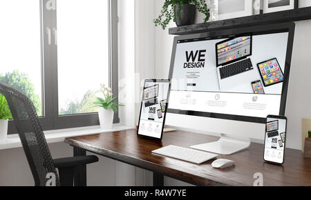 Schwarz und Weiß Desktop mit drei Geräte anzeigen App designer Website 3D-Rendering Stockfoto