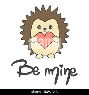 Süße Hand gezeichnet Romantisches mine Schriftzug Text mit Igel mit Herz Vektor Karte. Stock Vektor