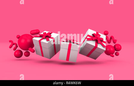 Saisonale festliche Geschenkboxen mit bunten Dekorationen. 3D-Rendering Stockfoto