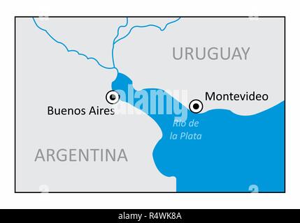 Eine Karte der Region des Rio de la Plata, zwischen Argentinien und Uruguay Stock Vektor