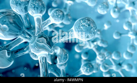 Atom (Molekül) Struktur auf blauem Hintergrund. 3D-Render Abbildung Stockfoto