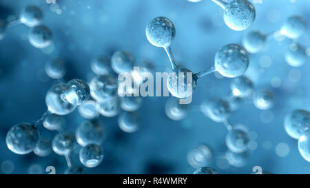 Molekül (Atom) Struktur auf blauem Hintergrund. Wissenschaft Konzept. 3D-Render Abbildung Stockfoto